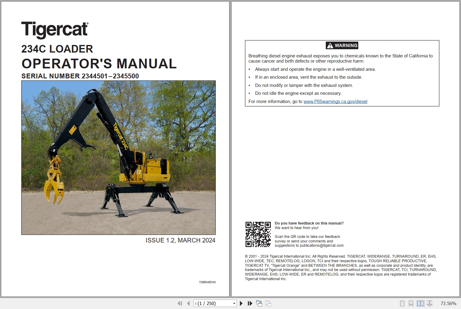 Tigercat Loader 234C Operators Manual 72860AENG 1