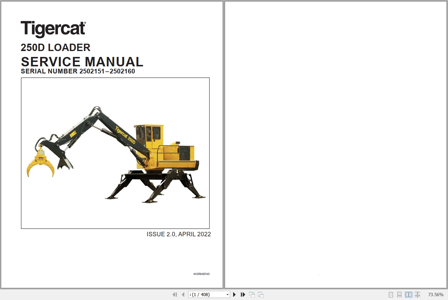 Tigercat Loader 250D Service Manual 44259AENG 1