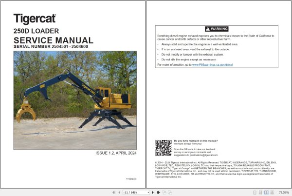Tigercat Loader 250D Service Manual 71139AENG 1