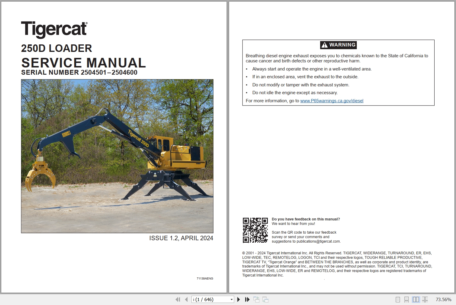 Tigercat Loader 250D Service Manual 71139AENG 1