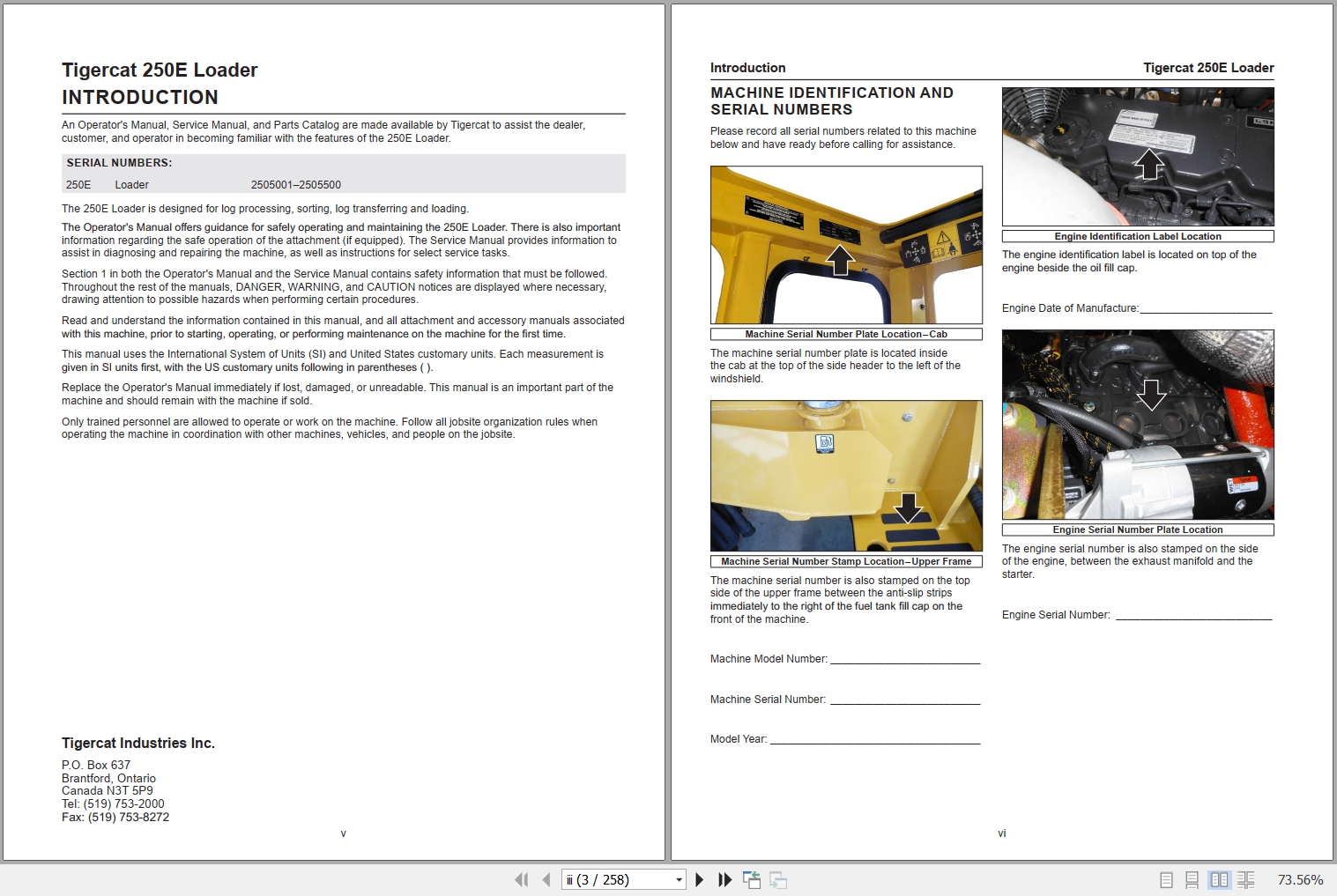 Tigercat Loader 250E Operators Manual 75372AENG 1