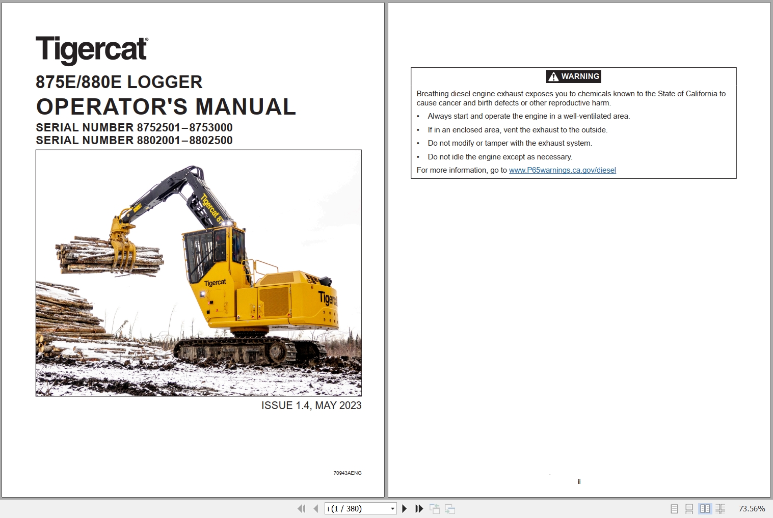 Tigercat Logger 875E 880E Operators Manual 70943AENG 1