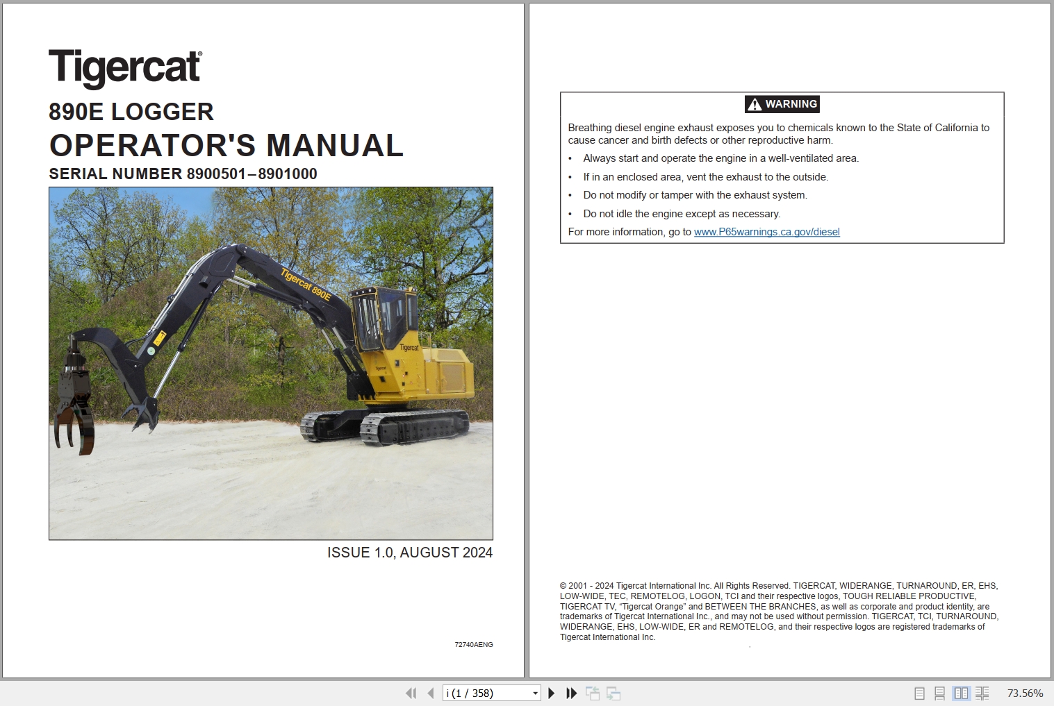 Tigercat Logger 890E Operators Manual 72740AENG 1