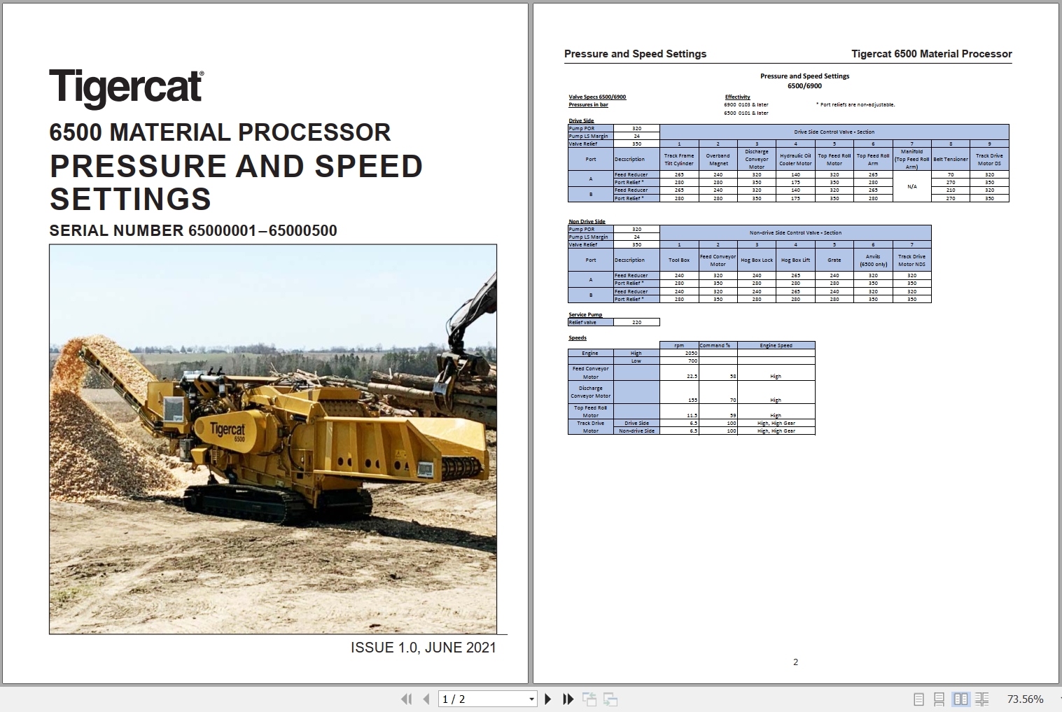 Tigercat Material Processor 6500 Pressure And Speed Settings 1