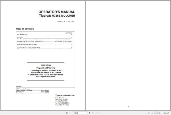 Tigercat Mulcher M726E Operators Manual 29847A 1