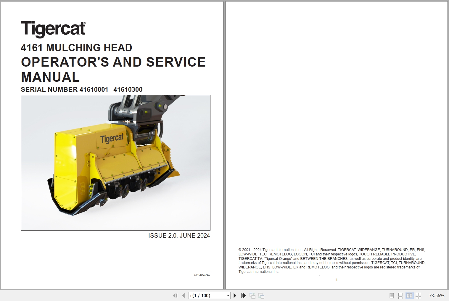 Tigercat Mulching Head 4161 Operators And Service Manual 72105AENG 1