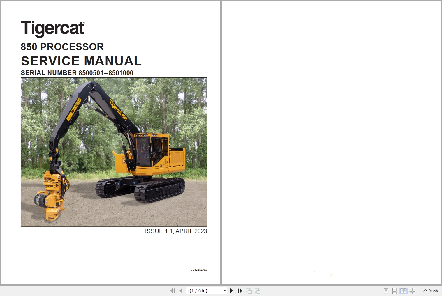 Tigercat Processor 850 Service Manual 70402AENG 1