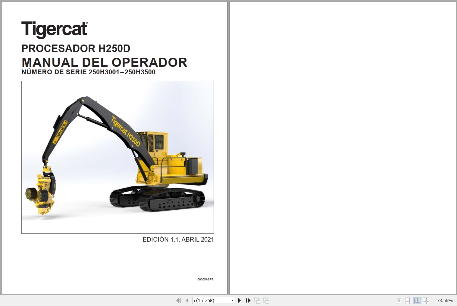 Tigercat Processor H250D Operators Manual 66005ASPA 1
