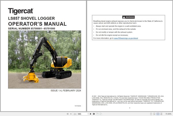 Tigercat Shovel Logger LS857 Operators Manual 72737AENG 1