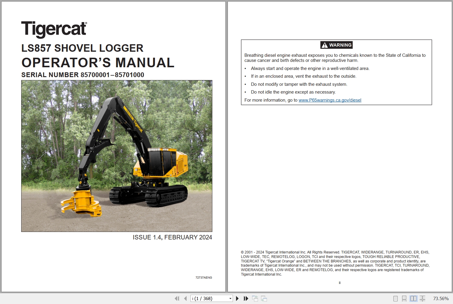 Tigercat Shovel Logger LS857 Operators Manual 72737AENG 1