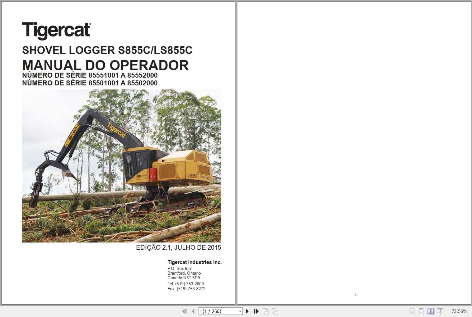 Tigercat Shovel Logger S855C LS855C Operators Manual 40121APOR 1