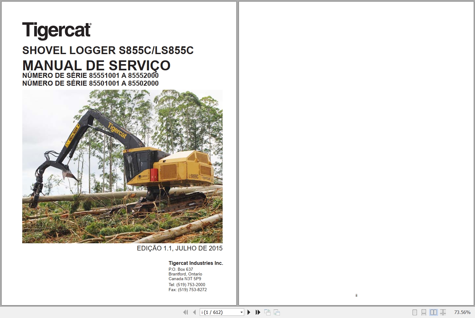 Tigercat Shovel Logger S855C LS855C Service Manual 40122APOR 1