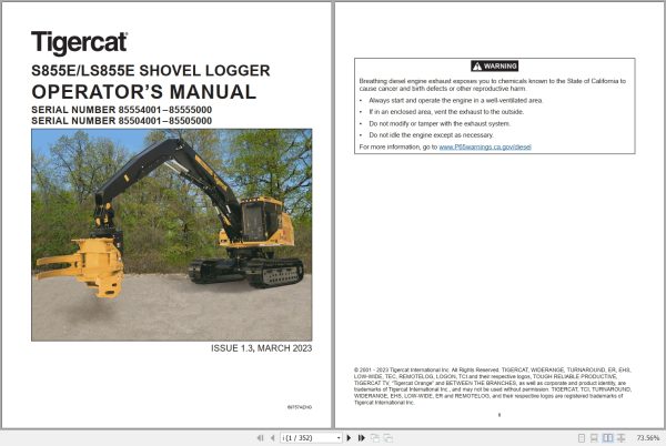 Tigercat Shovel Logger S855E LS855E Operators Manual 69757AENG 1