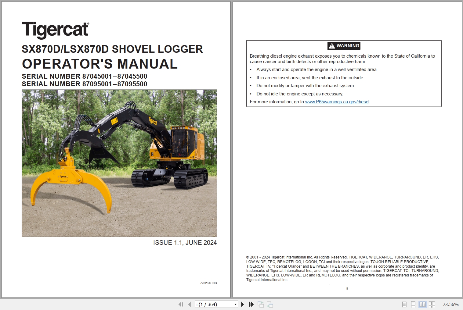 Tigercat Shovel Logger SX870D LSX870D Operators Manual 72020AENG 1
