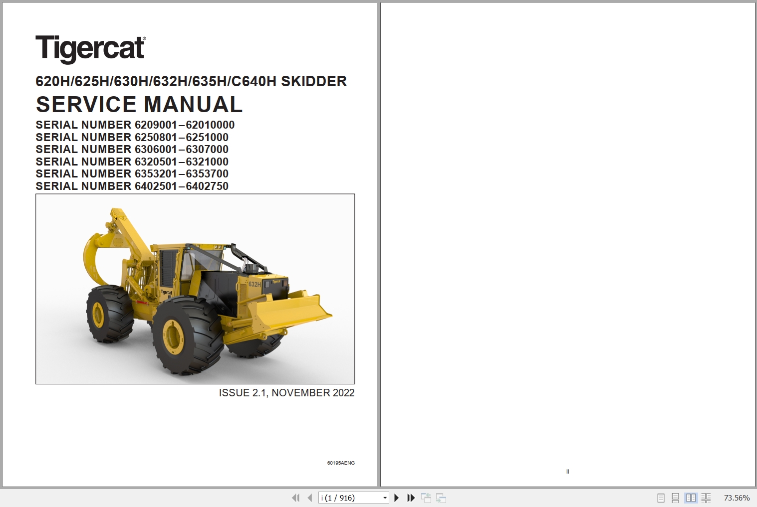 Tigercat Skidder 620H 625H 630H 632H 635H C640H Service Manual 60195AENG 1