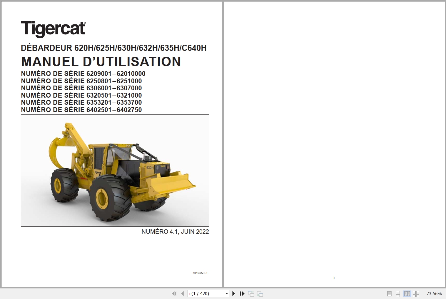 Tigercat Skidder 620H 625H 630H 632H 635H C640H User Manual 60194AFRE 1