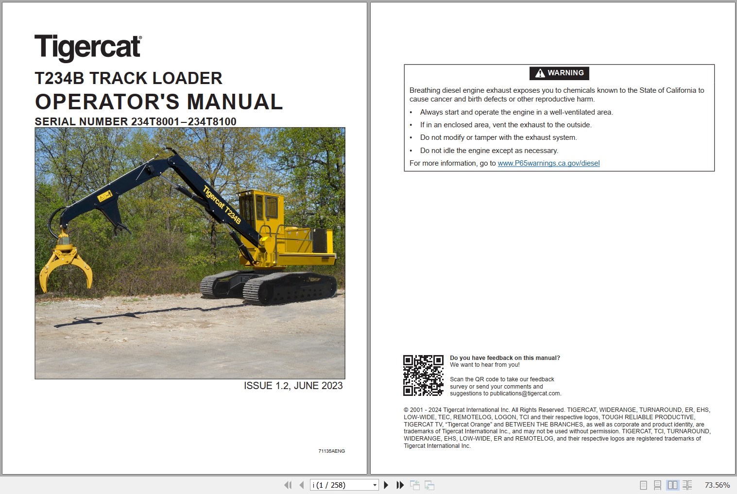 Tigercat Track Loader T234B Operators Manual 1