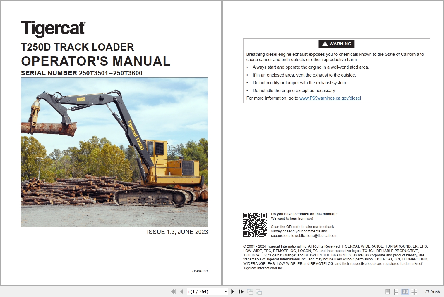 Tigercat Track Loader T250D Operators Manual 71140AENG 1