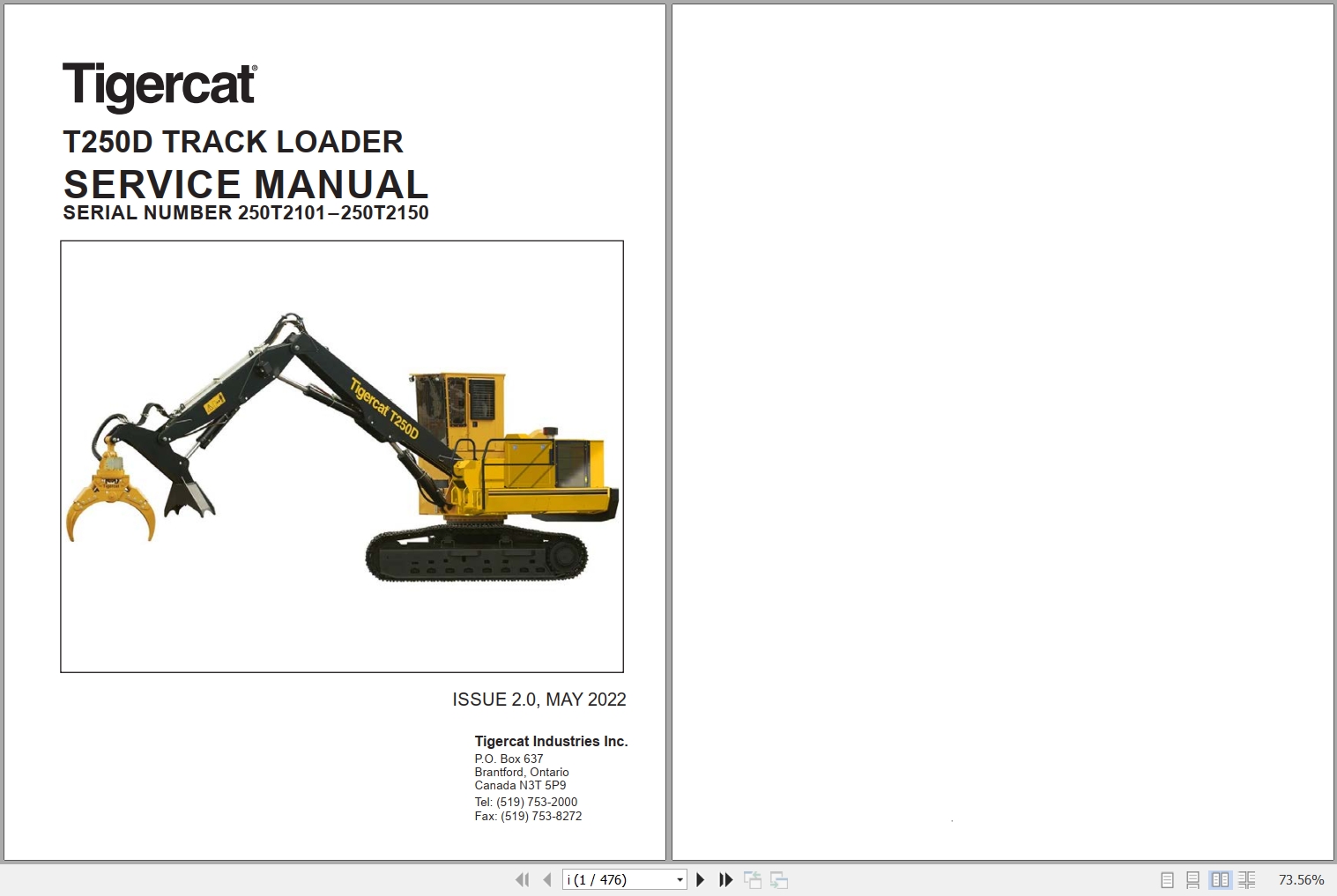 Tigercat Track Loader T250D Service Manual 42785AENG 1
