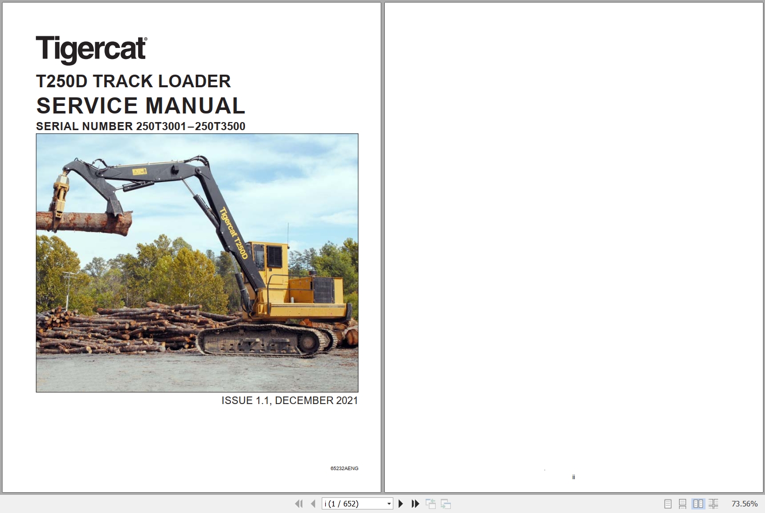 Tigercat Track Loader T250D Service Manual 65232AENG 1