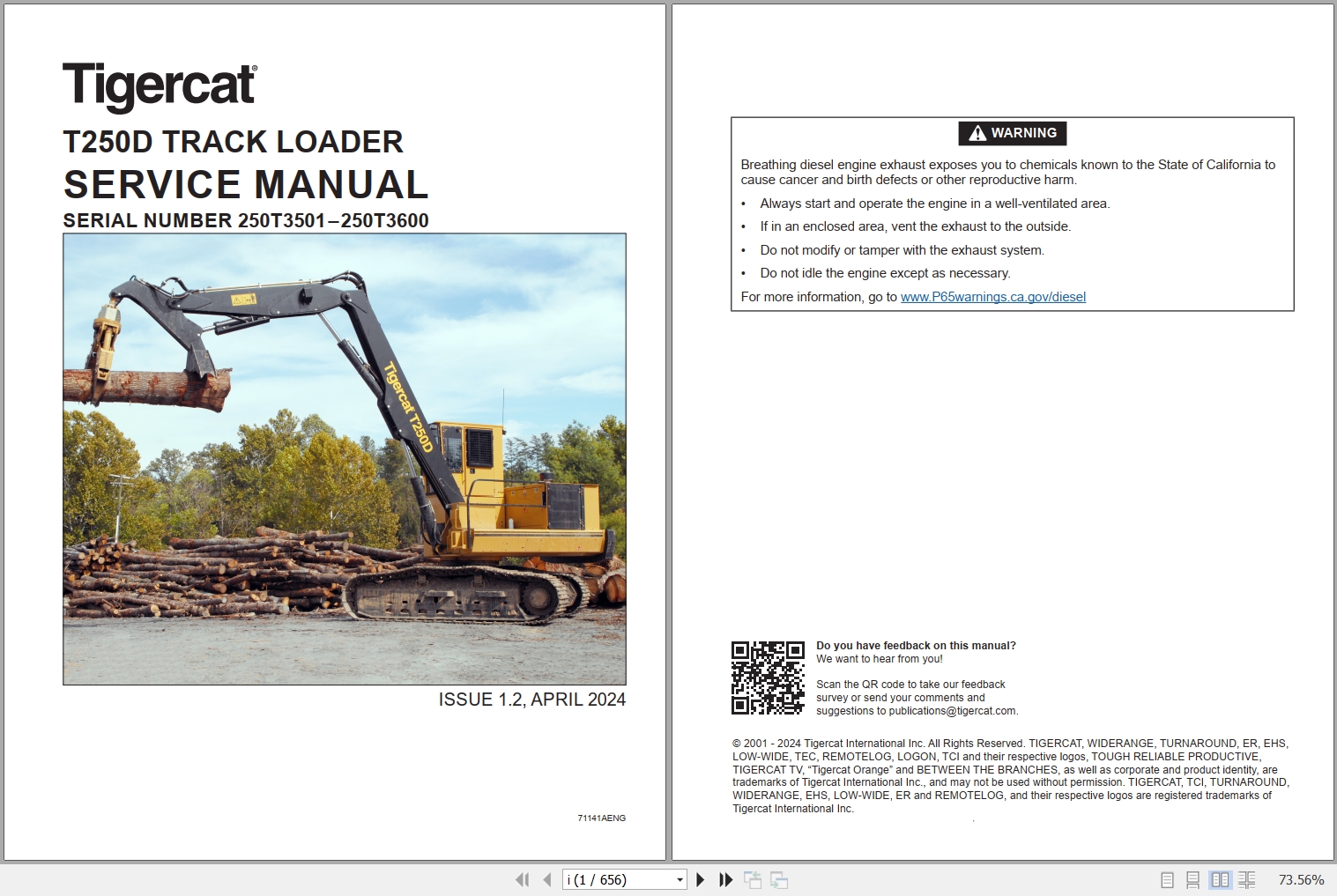 Tigercat Track Loader T250D Service Manual 71141AENG 1
