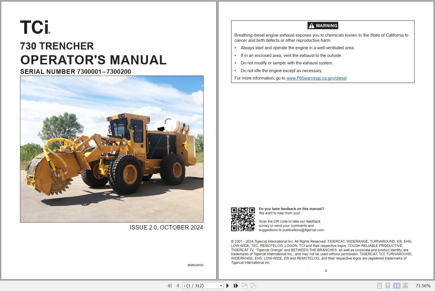 Tigercat Trencher 730 Operators Manual 68283AENG 1