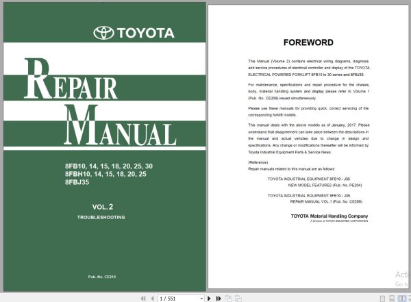 Toyota Forklift 8FB10 to 8FBJ35 Repair Manual Troubleshooting CE210 Vol 1