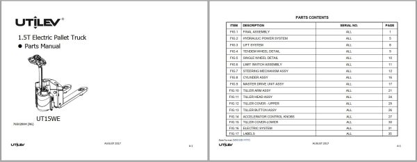UTILEV Forklift UT15WE Parts Manual 76502804R6 2017 1