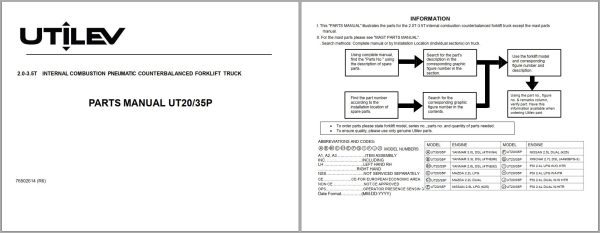 UTILEV Forklift UT20P UT35P Parts Manual 76502614R6 1