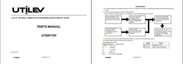 UTILEV Forklift UT50P UT70P Parts Manual 76500013R4 2017 1