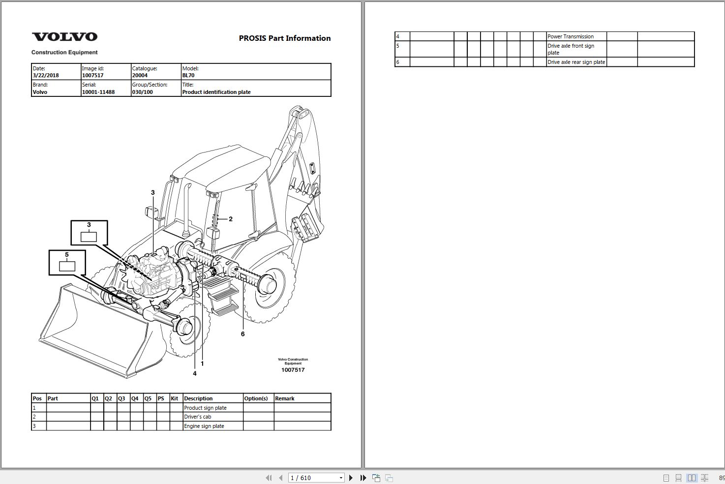 Volvo Backhoe Loader BL70 Parts Manual 1