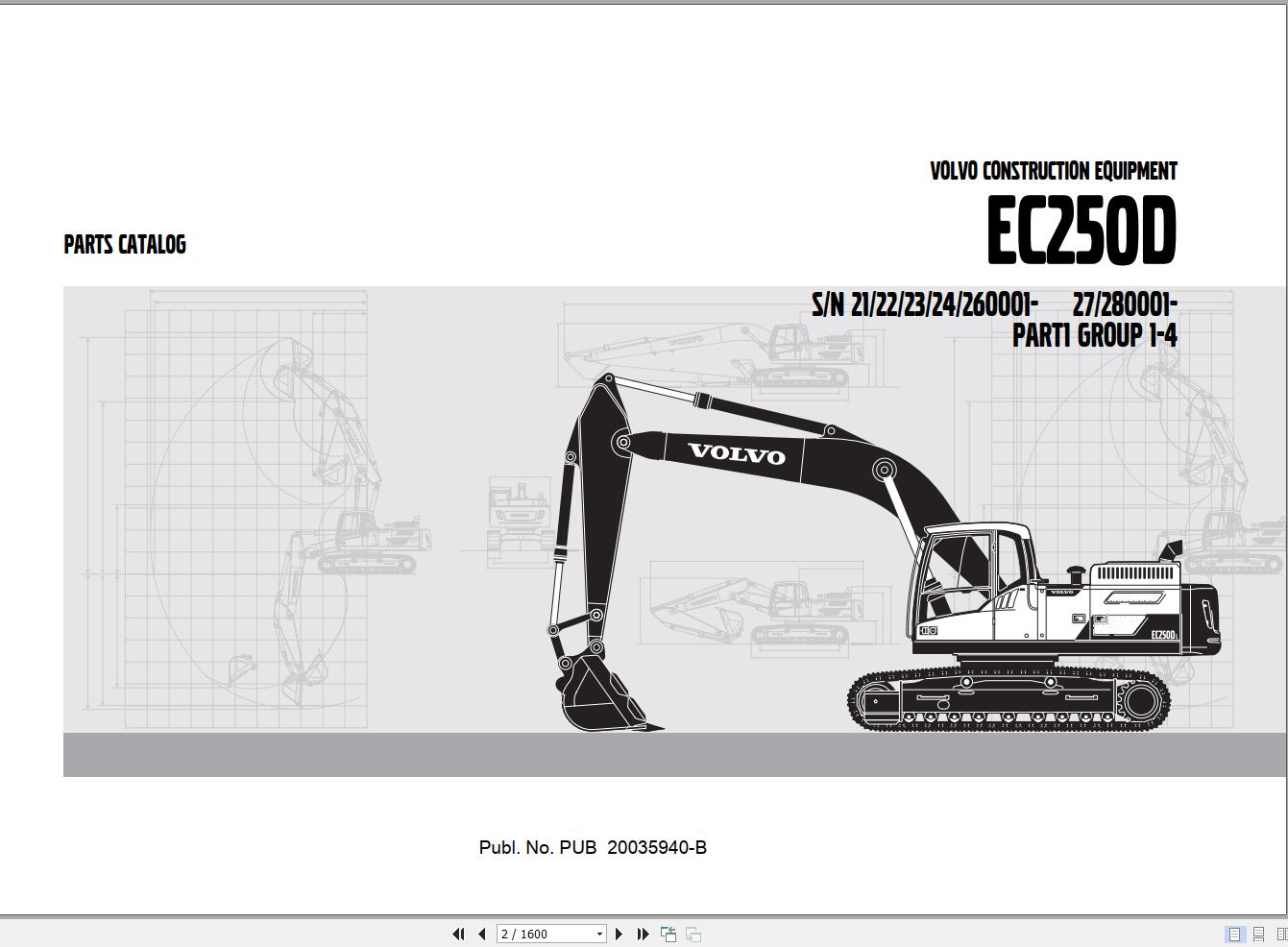 Volvo Excavator EC250D Parts Manual PUB20035940 B 1