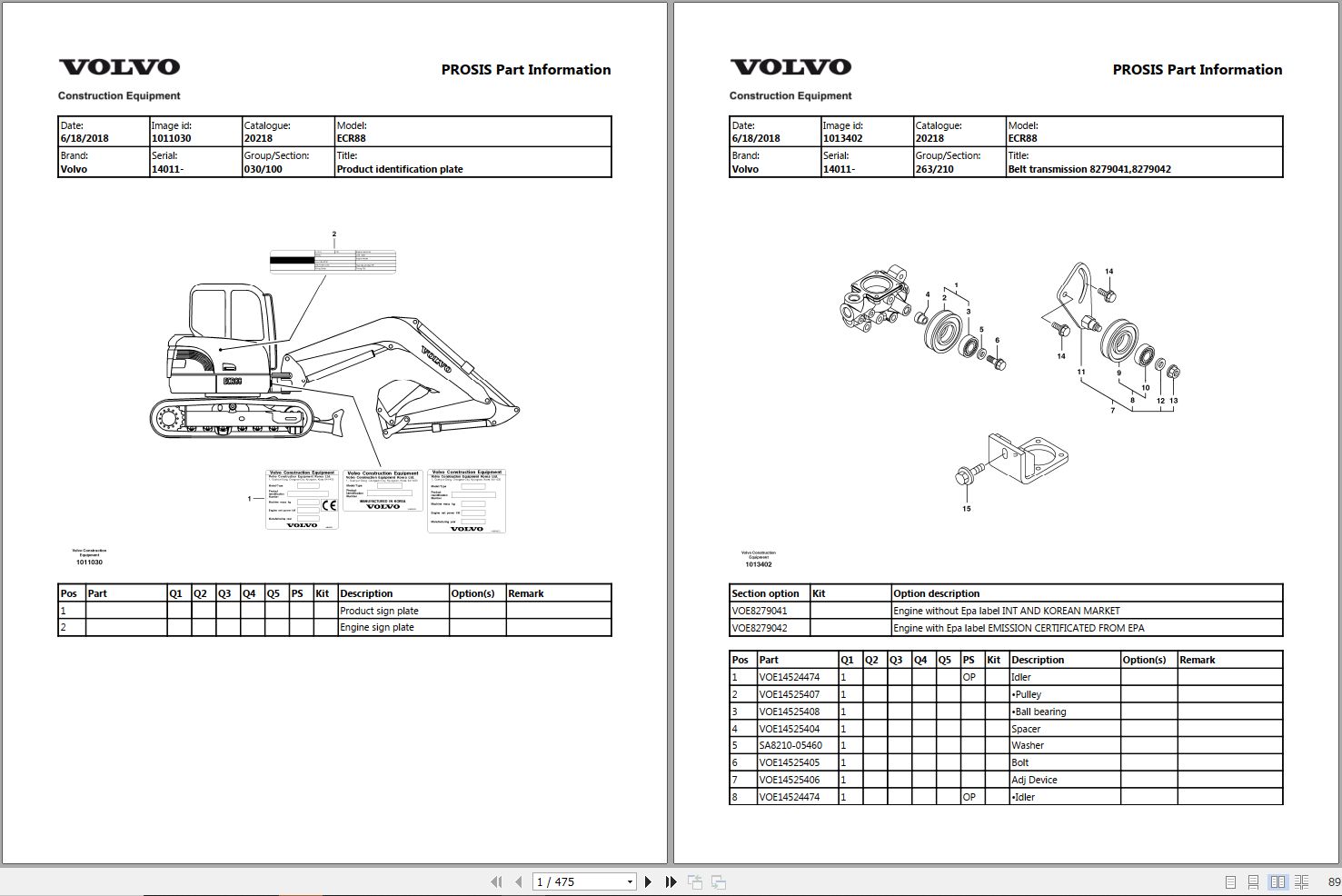 Volvo Excavator ECR88 14011 Parts Manual 1
