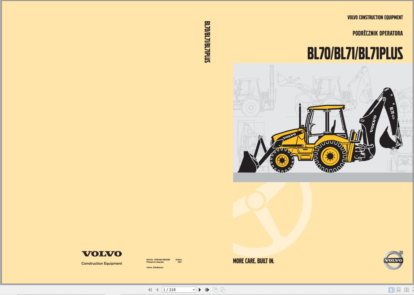 Volvo Loader BL70 BL71 BL71PLUS Operators Manual VOE48A10043581 PL 1