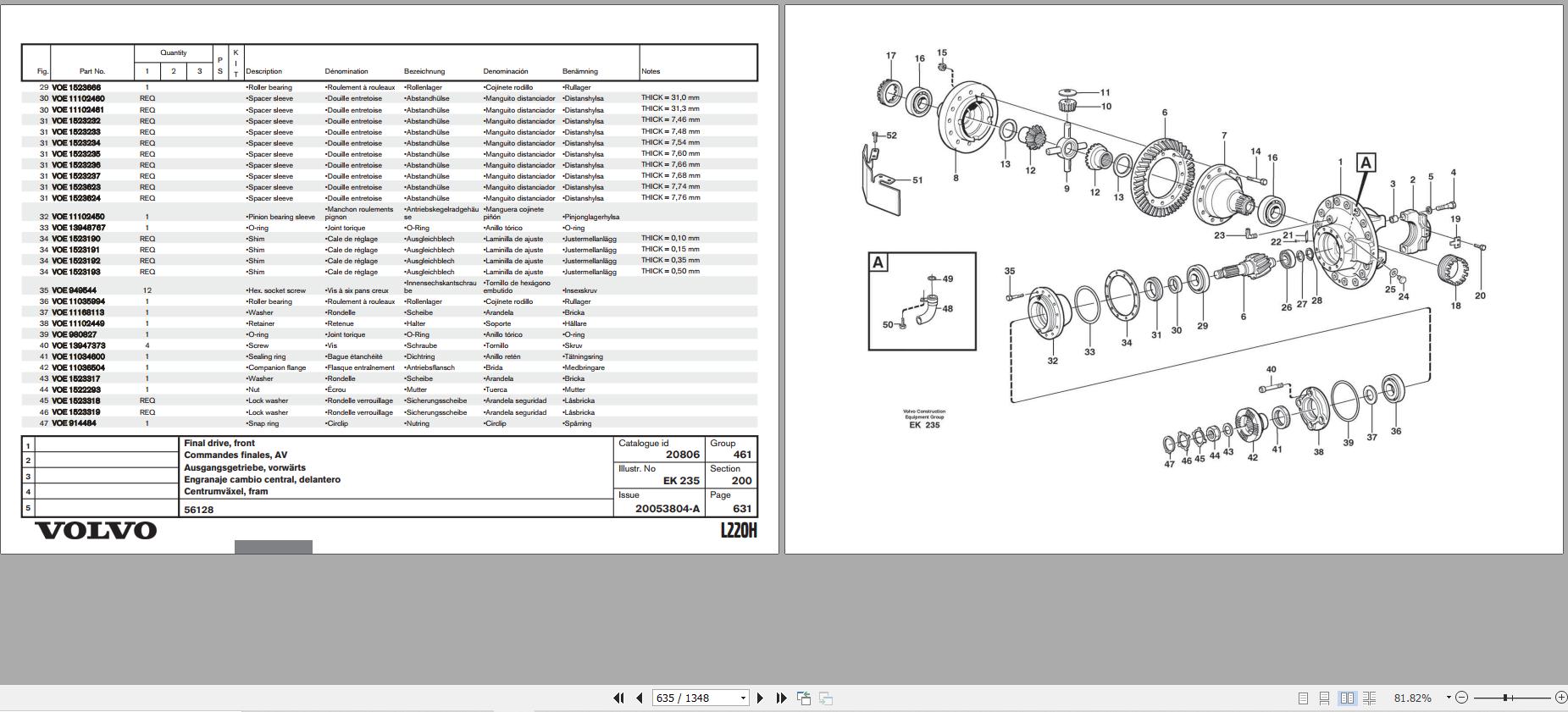 Volvo Loader L220H Parts Catalog 20053804A