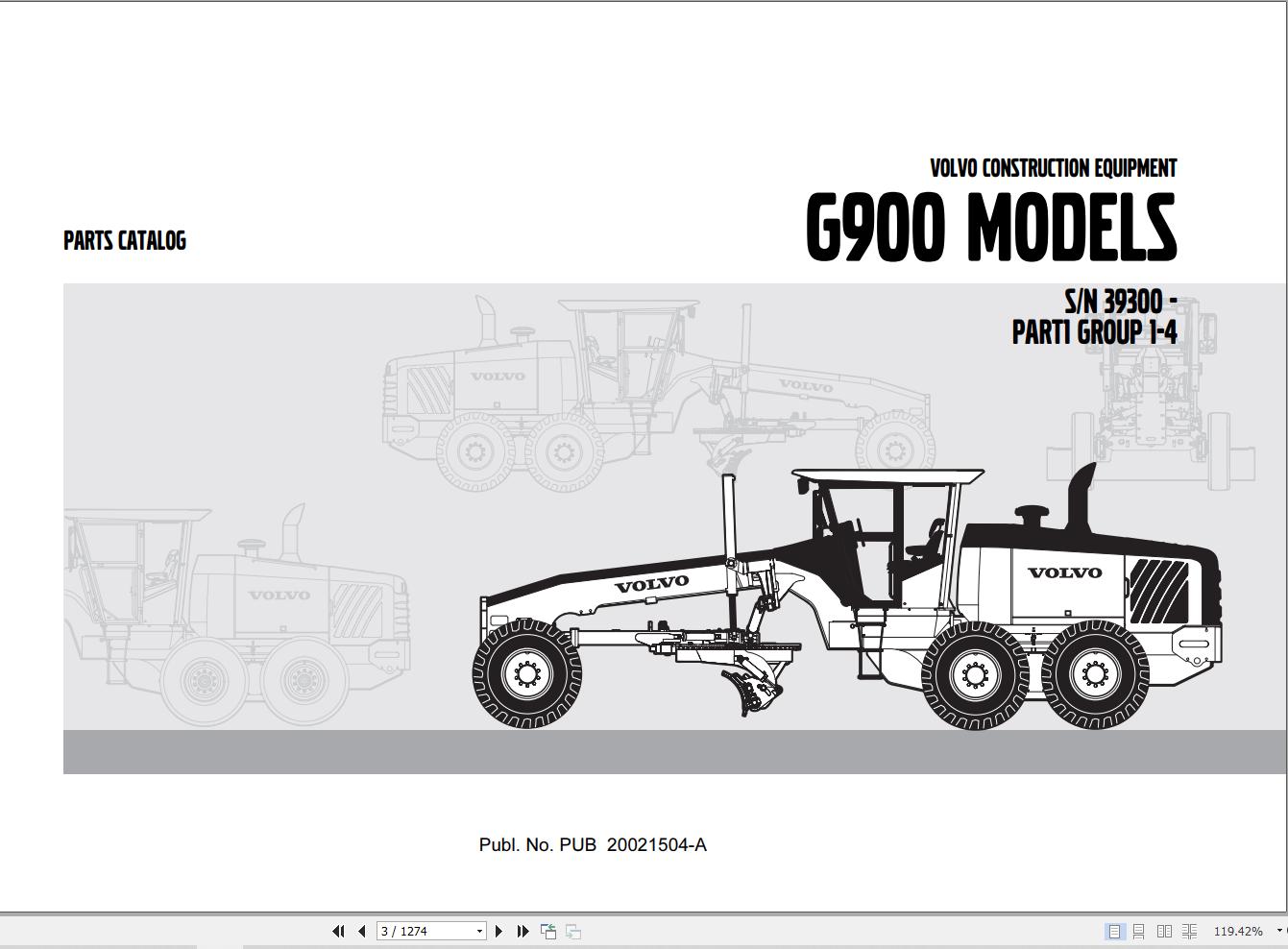 Volvo Motor Grader G900 Parts Catalog PUB20021504 A 1