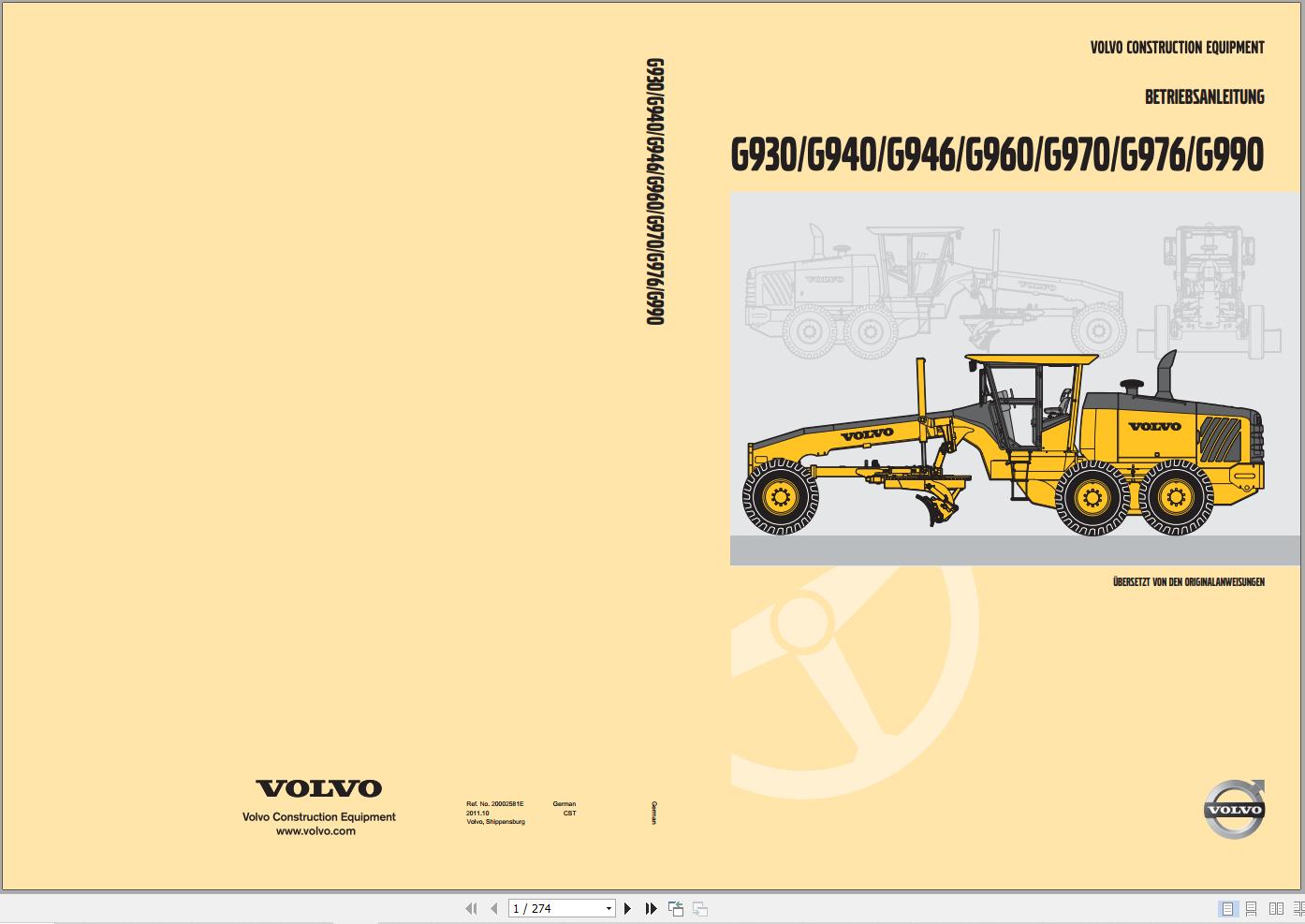 Volvo Motor Grader G930 to G990 Operators Manual 20002581E DE 1