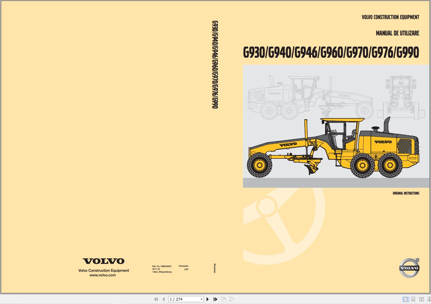 Volvo Motor Grader G930 to G990 Operators Manual 20002602D RO 1