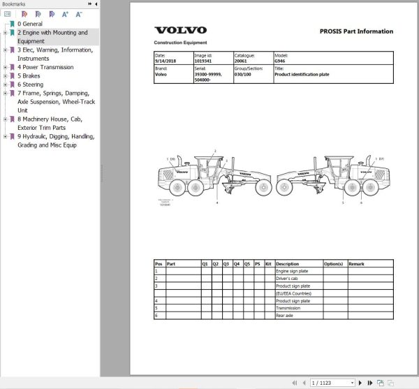 Volvo Motor Grader G946 Parts Catalog 1