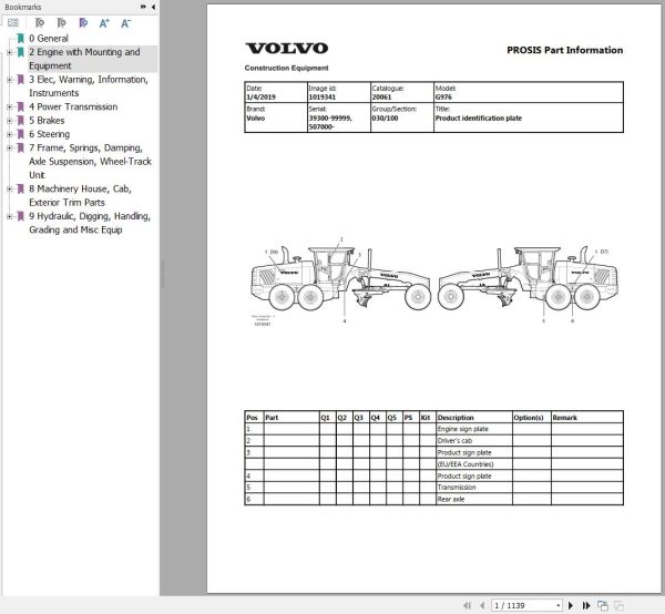 Volvo Motor Grader G976 Parts Catalog 1