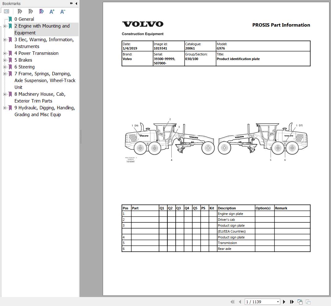 Volvo Motor Grader G976 Parts Catalog