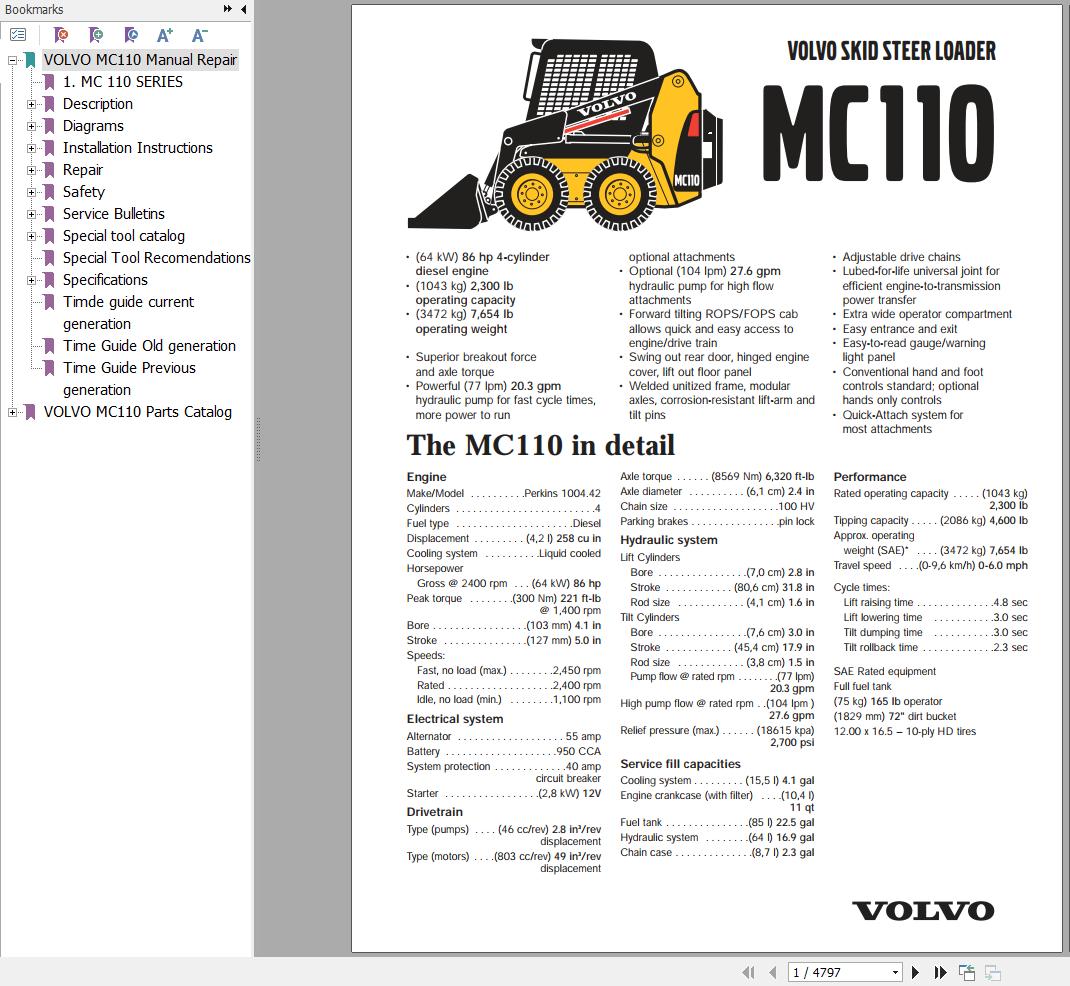 Volvo Skid Steer Loader MC110 Parts and Service Repair Manual 1