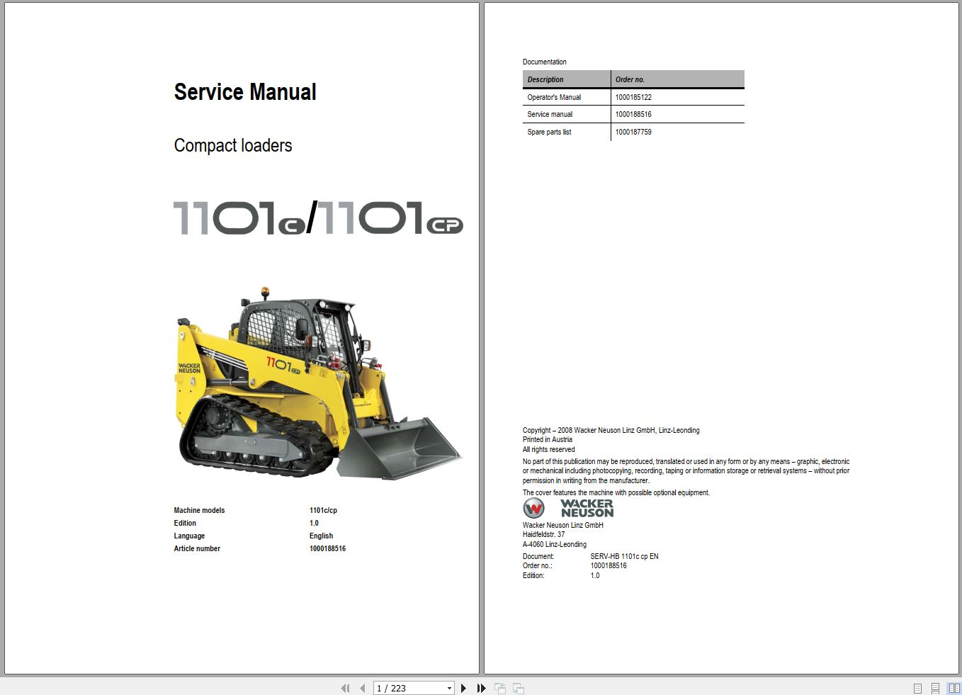 Wacker Neuson Compact Loader 1101C 1101CP Service Manual and Diagram 1000188516 1