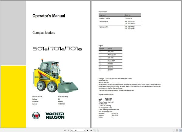 Wacker Neuson Compact Loader 501S 701S 701SP 3.1 Operating Manual 1000151639 1