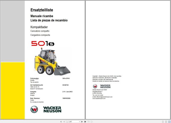 Wacker Neuson Compact Loader 501S Spare Parts List 1000185500 1