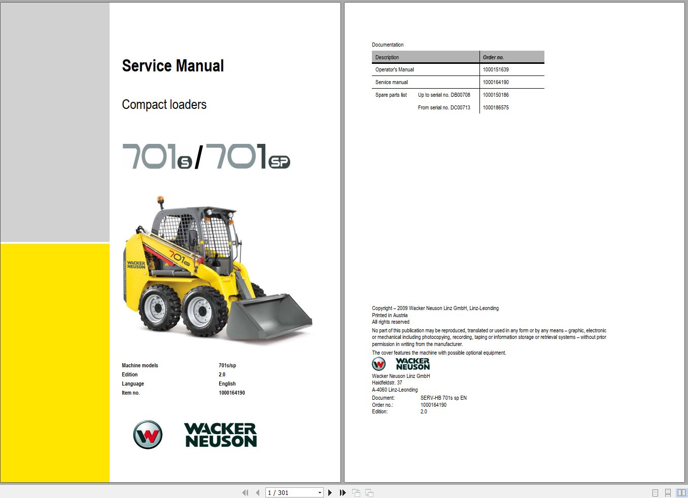 Wacker Neuson Compact Loader 701S 701SP Service Manual and Diagram 1000164190 1
