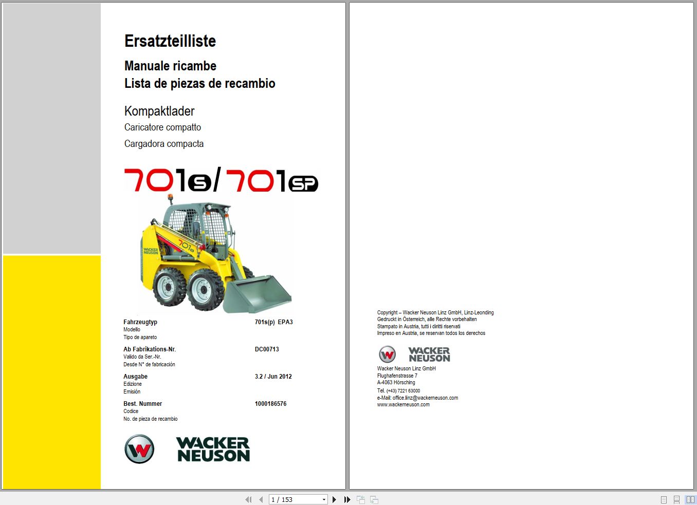Wacker Neuson Compact Loader 701S 701SP Spare Parts List 1000186576 1
