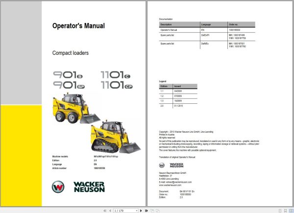 Wacker Neuson Compact Loader 901S 901SP 1101C 1101CP Operating Manual 1000185550 1