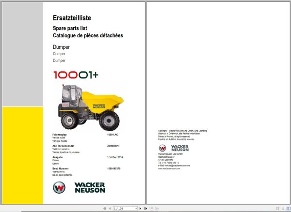 Wacker Neuson Dumper 10001 Spare Parts List 1000190379 1