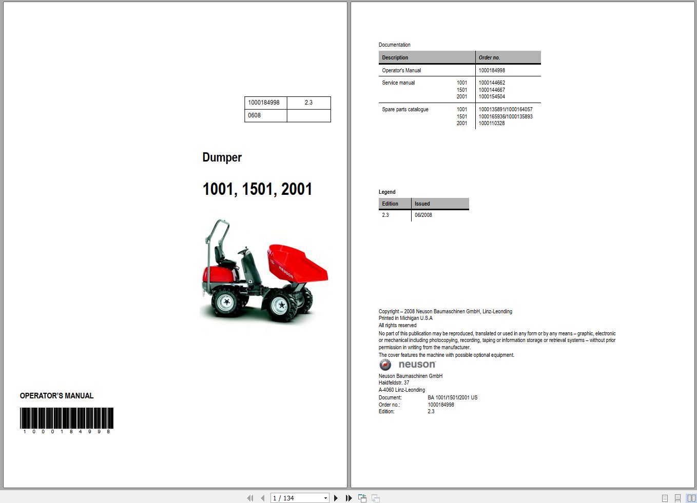 Wacker Neuson Dumper 1001 1510 2001 Operating Manual 288524567 1